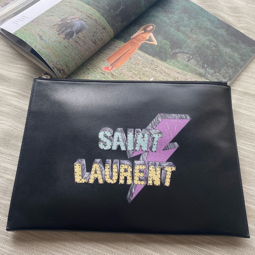 Saint Laurent Black Clutch with Colorful Logo